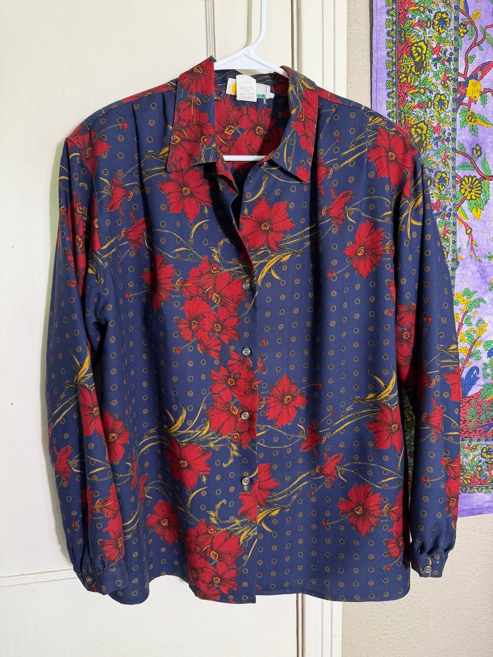 Vintage Breeches 100% Wool Floral Blouse Womens 14 Red Blue Button Shirt USA - Picture 1 of 8